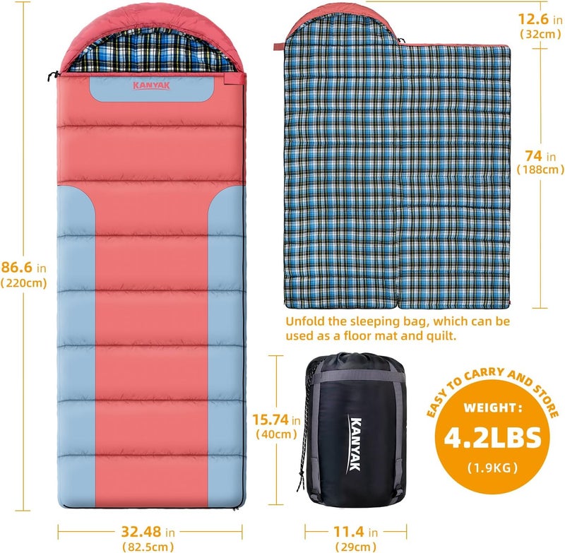 Kanyak Cotton Flannel Lined Sleeping Bag for Adults Teens Kids, Cold Weather &Warm, 3 Seasons, Lightweight Compact Camping Essentials Equipment, Hiking, Outdoor, Travel - Image 2